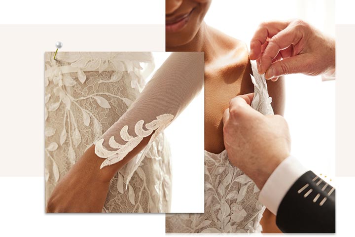 collage of before and after bridal dress alteration