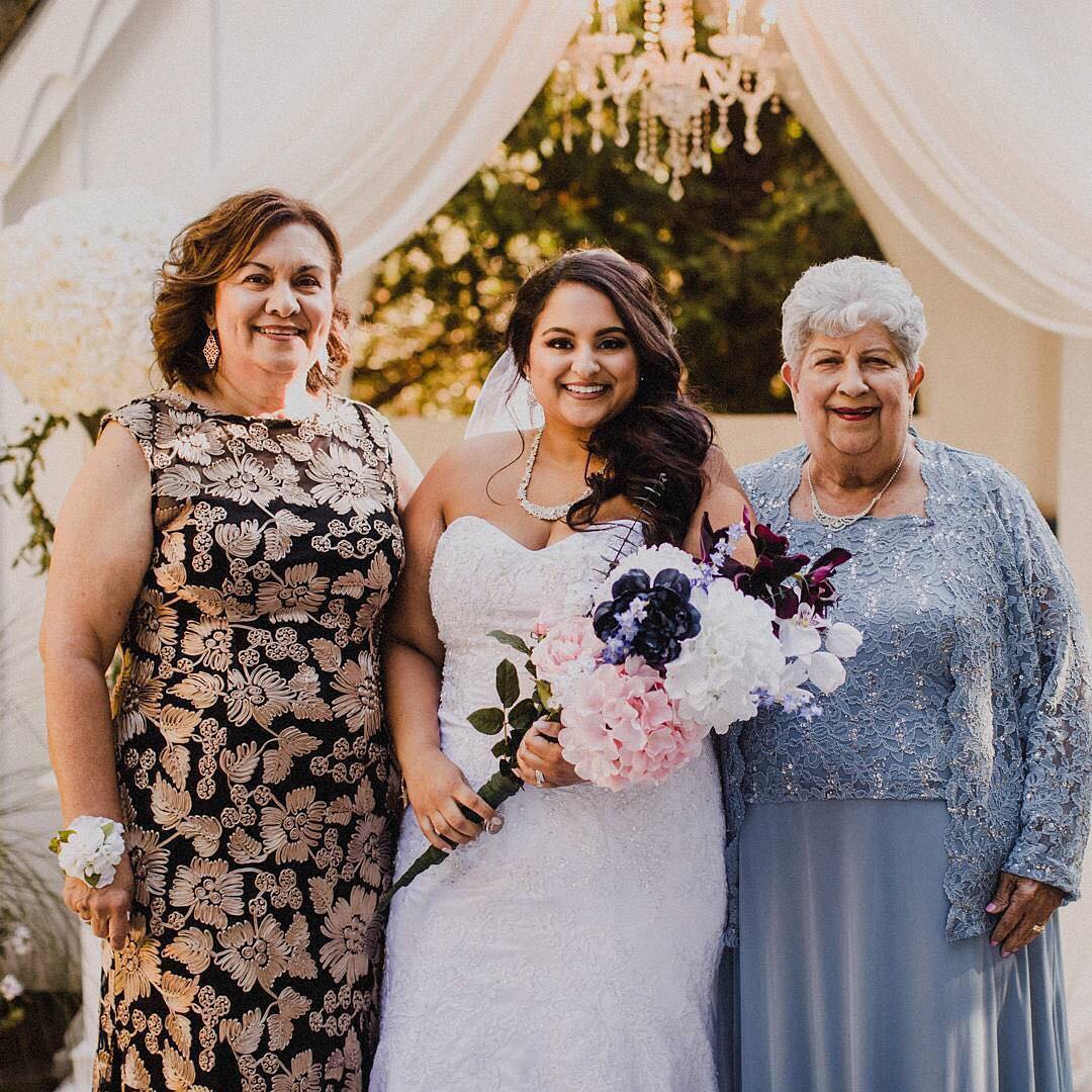 Mom, bride, and grandmom in David's Bridal dresses