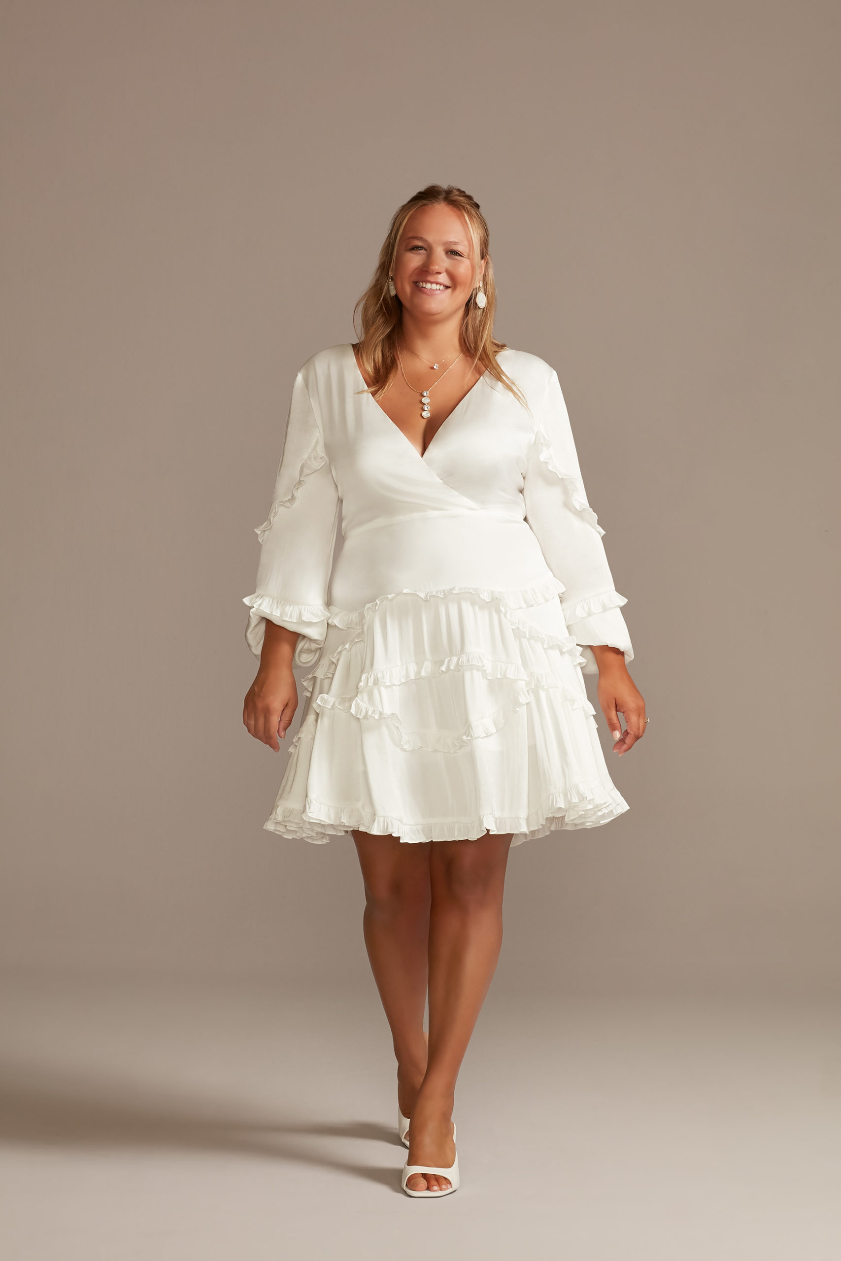 bride wearing Charmeuse Ruffle Mini Dress with Back Tie