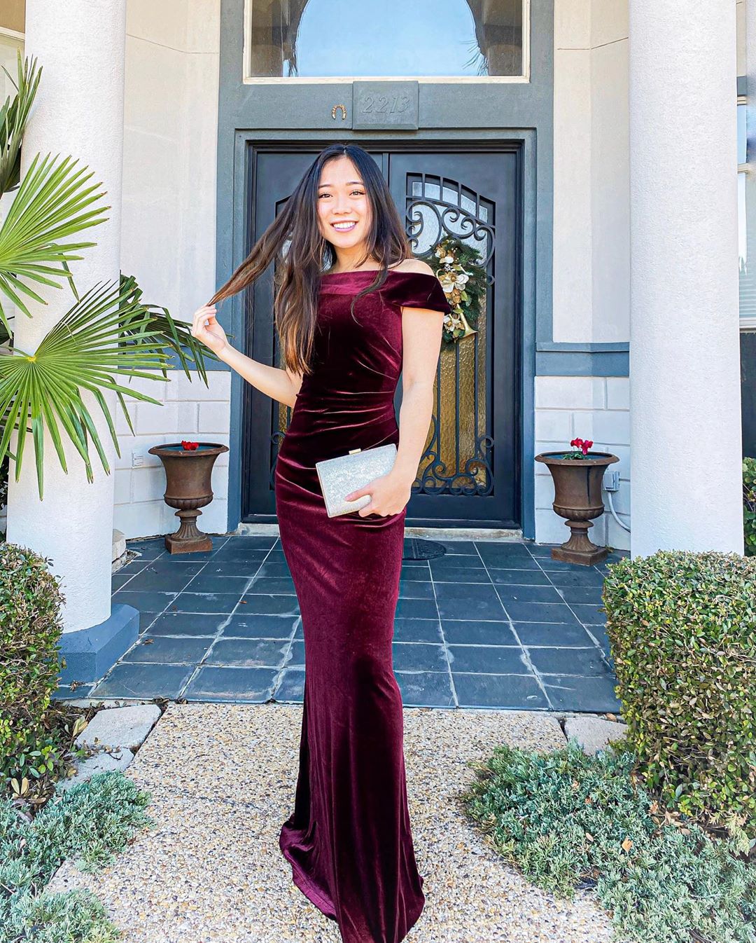 Red Velvet off the shoulder gown