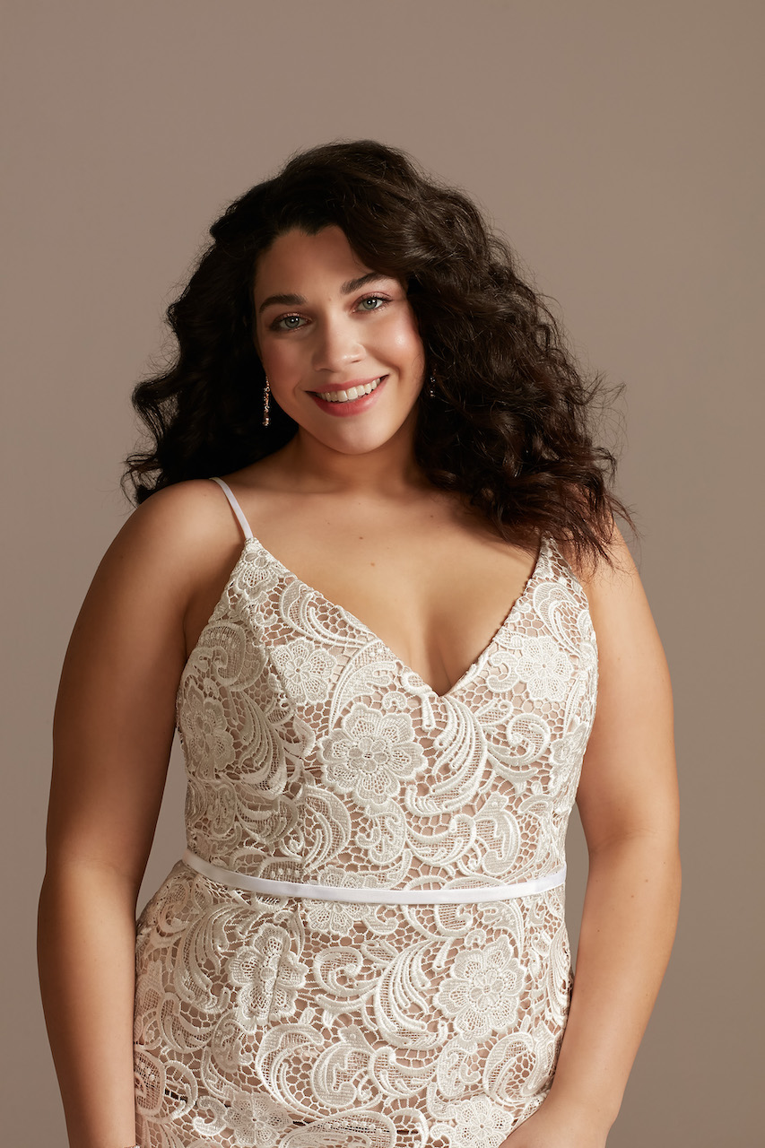 model in Crochet Lace Overlay Midi Spaghetti Strap Dress