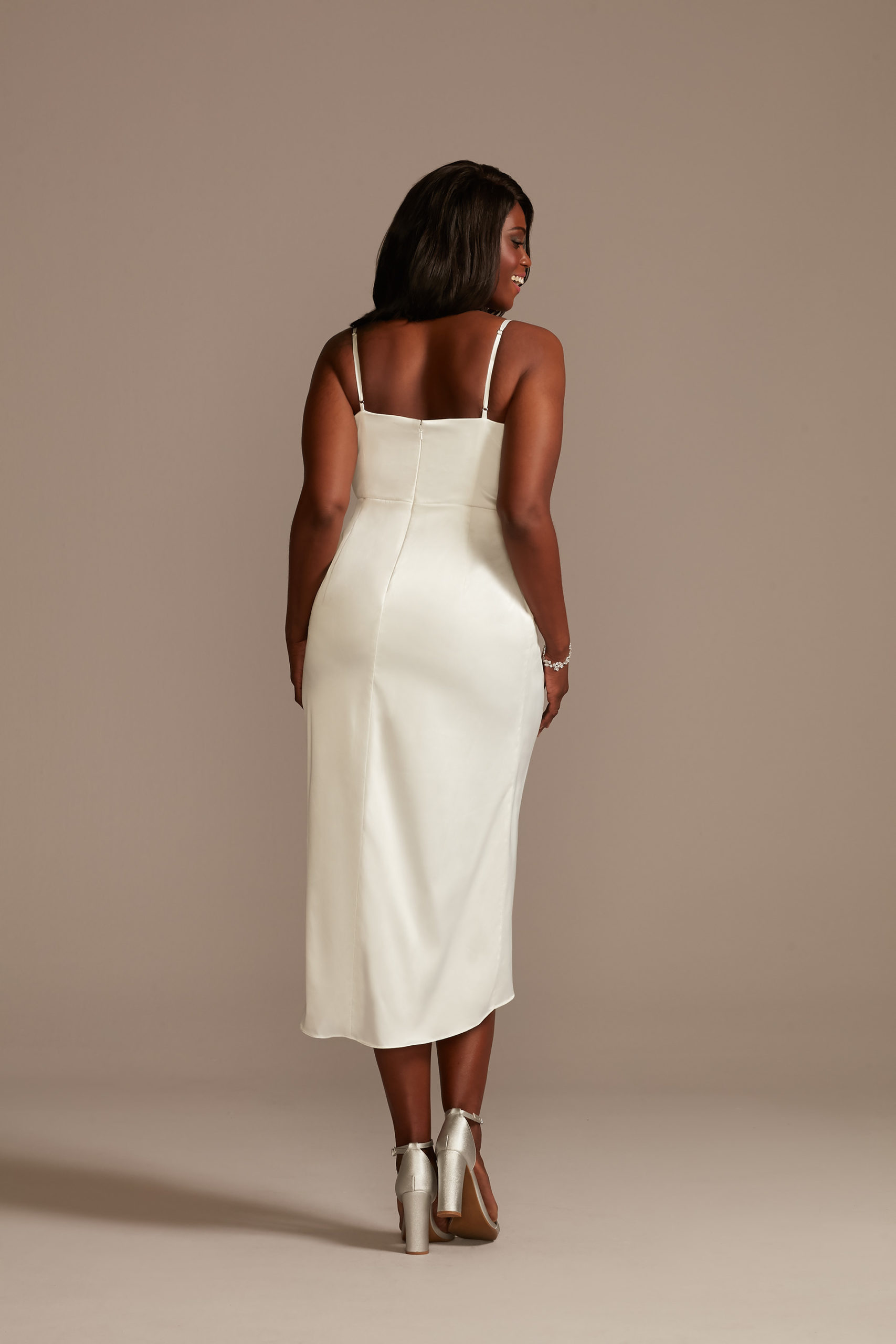 bride wearing Hand-Pleated Spaghetti Strap Charmeuse Slip Dress