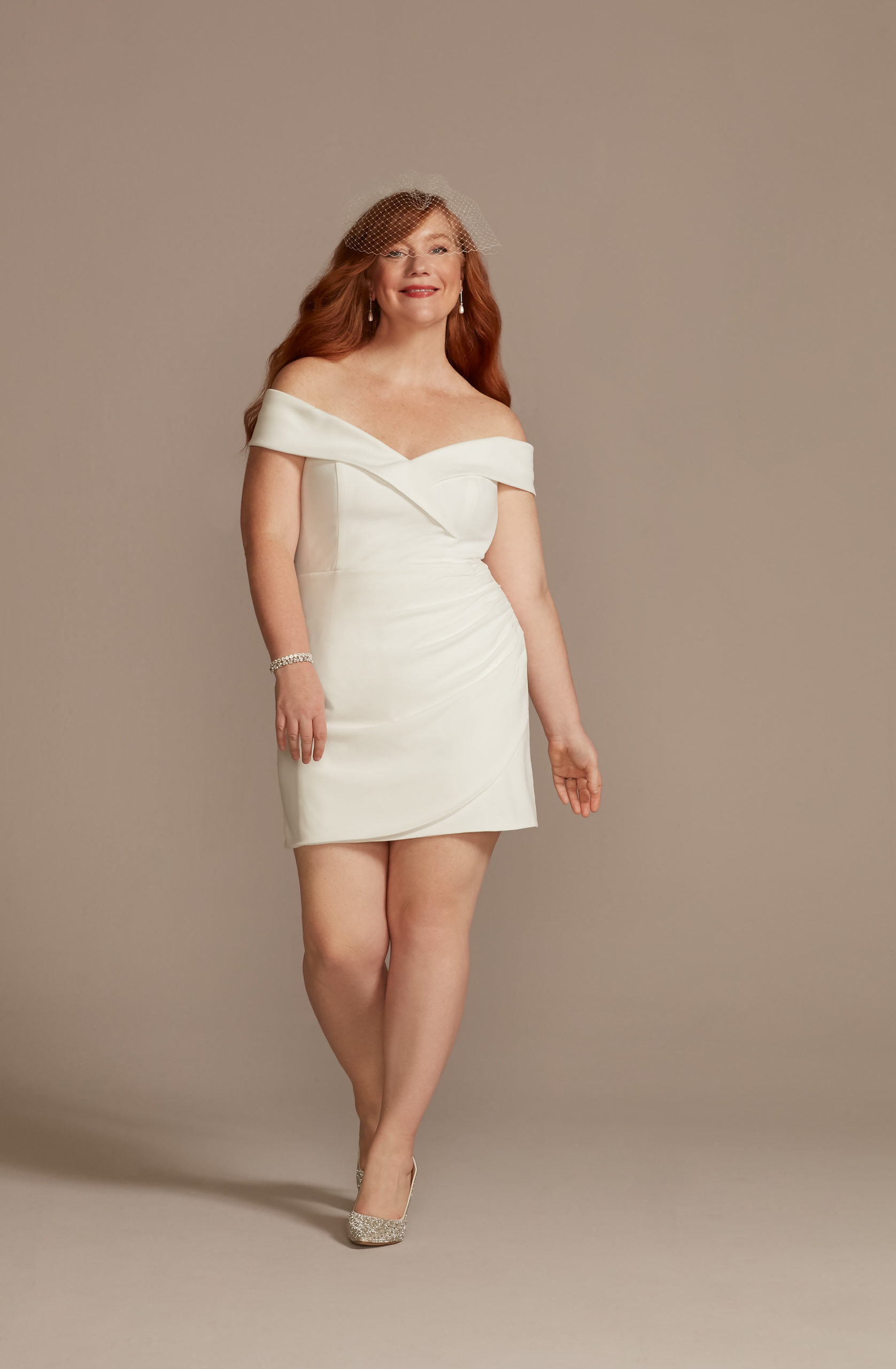 bride wearing Short Off Shoulder Cuff Neckline Crepe little white Dress