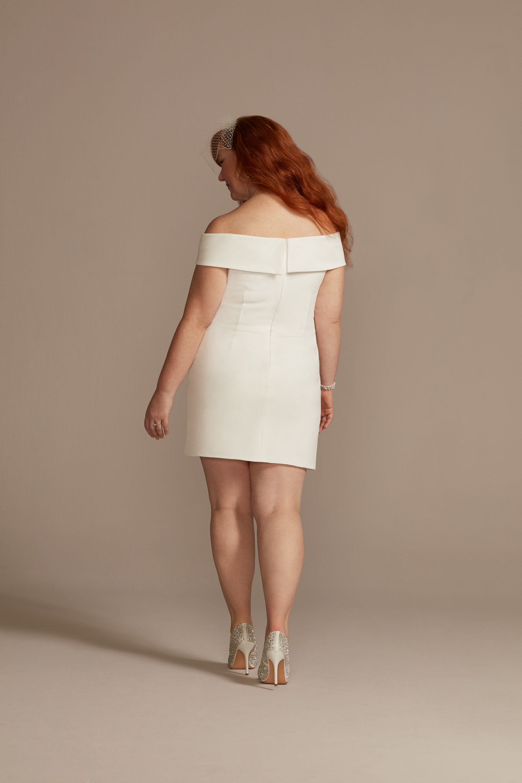 bride wearing Short Off Shoulder Cuff Neckline Crepe little white Dress