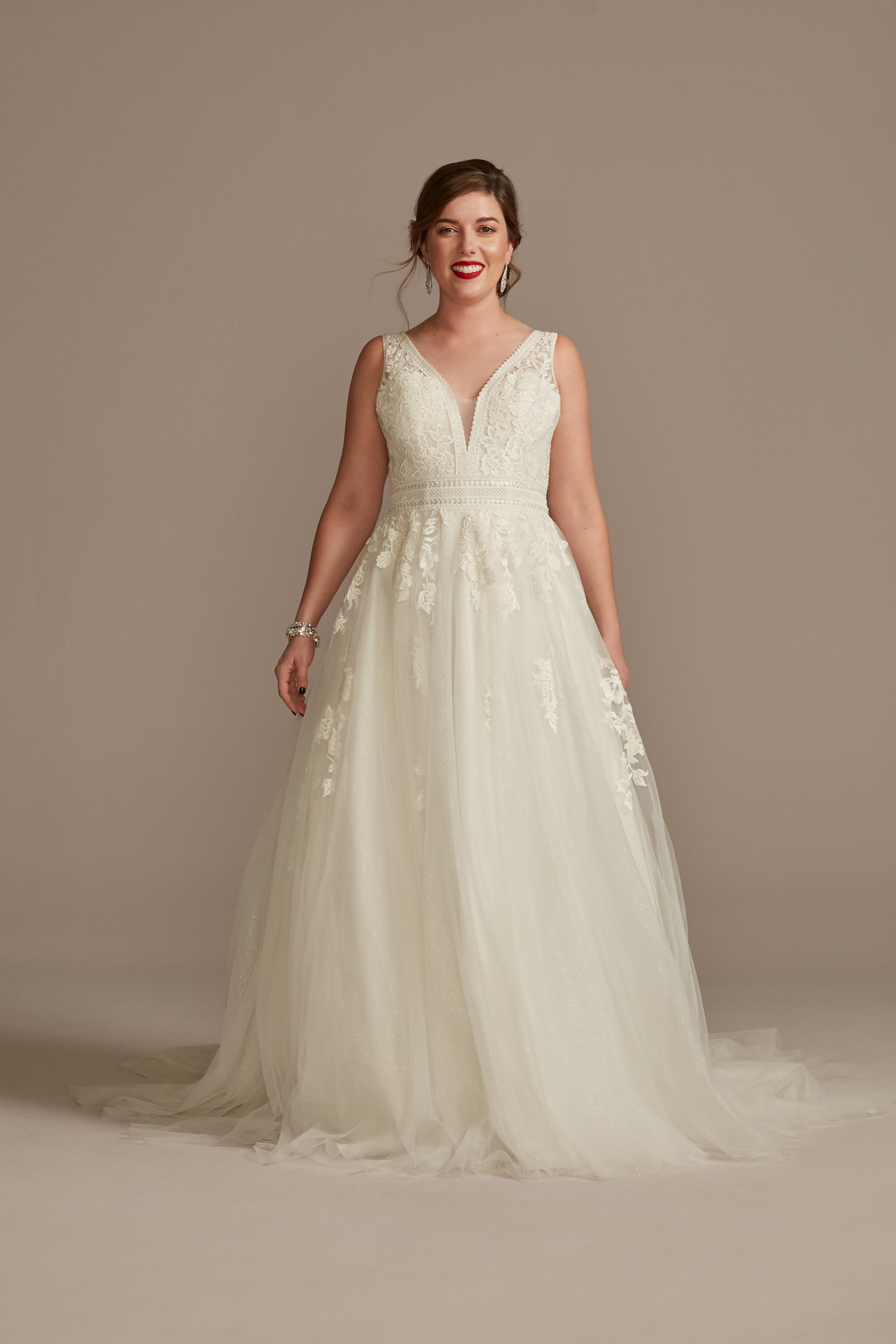 bride wearing ethereal Embroidered V-Neck Wedding Dress with Tulle Skirt