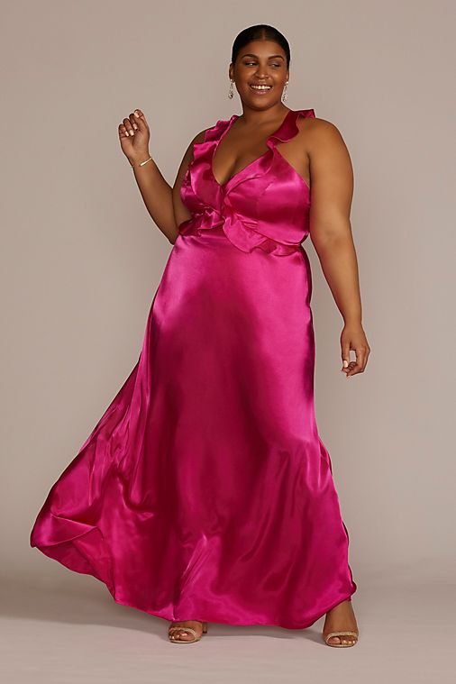 Woman in a long, silky pink dress