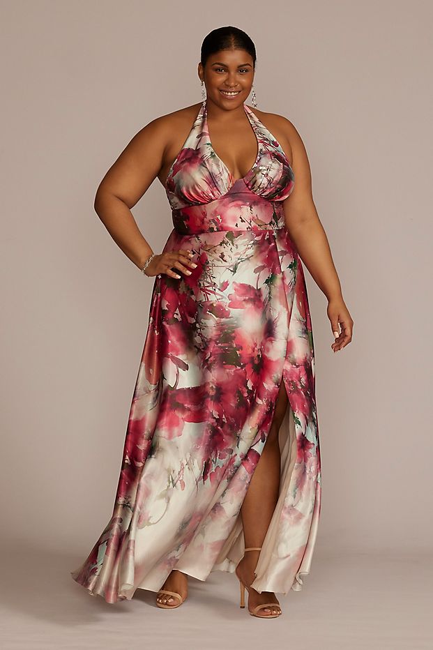 Woman in a pink floral gown