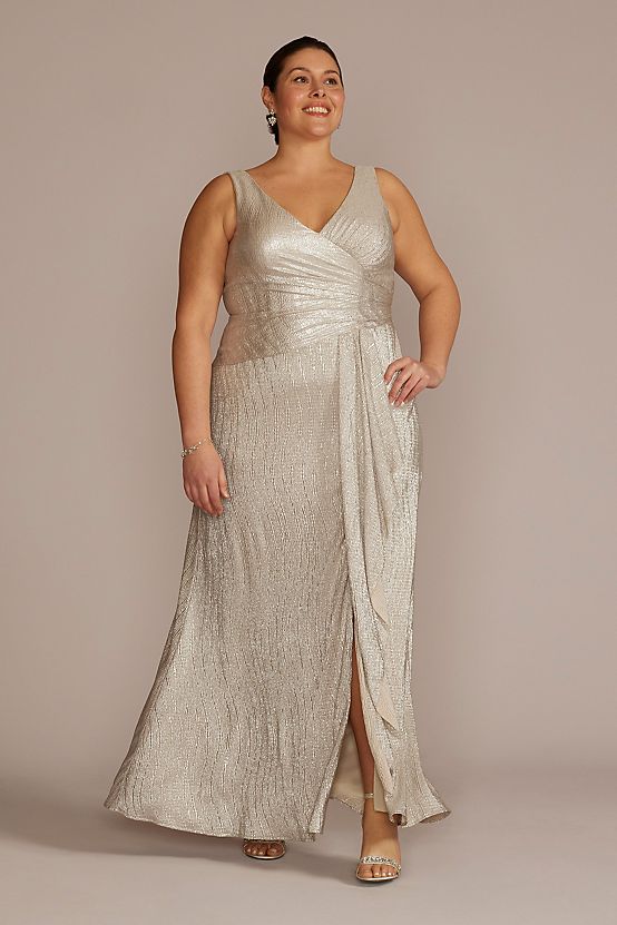 Woman in long gold mother of the bride dress