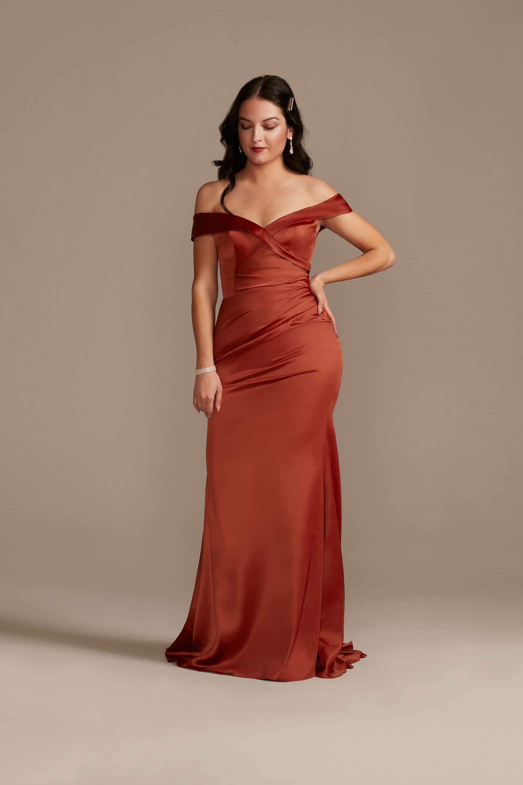 satin off the shoulder bridesmaid dress in cinnamon