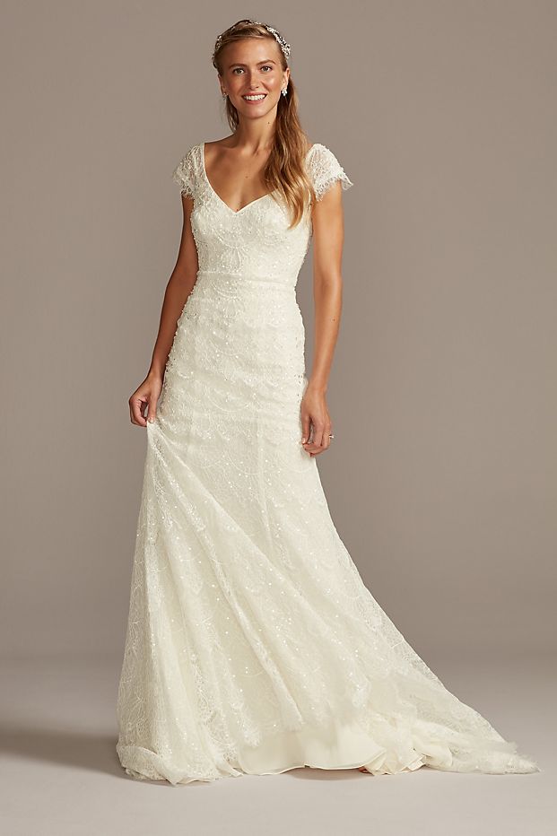 Hand Beaded Lace Cap Sleeve Wedding Dress