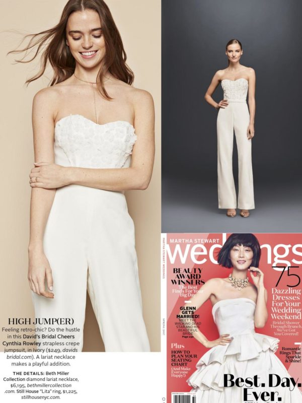 Martha Stewart Weddings clip featuring model in ivory Cheers Cynthia Rowley wedding jumpsuit.