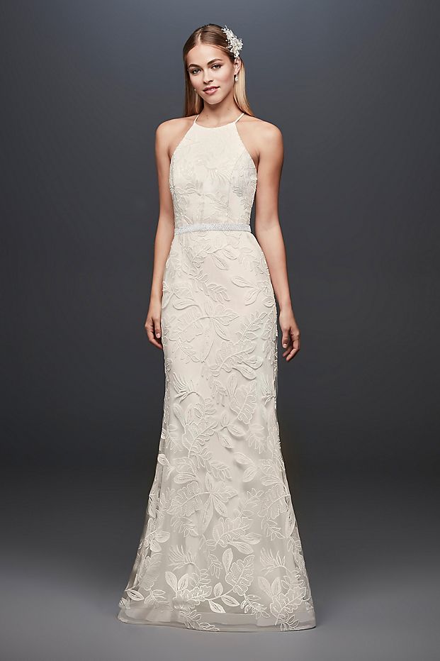 Sequin Leaf-Appliqued High Neck Sheath Gown