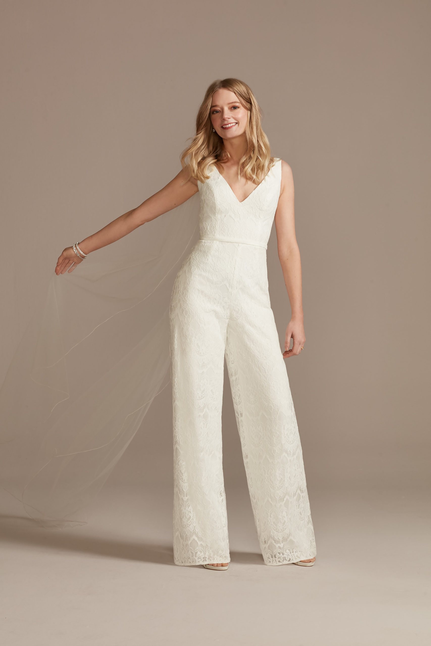bride wearing Scalloped Lace V-Neck Tank Wide-Leg Jumpsuit