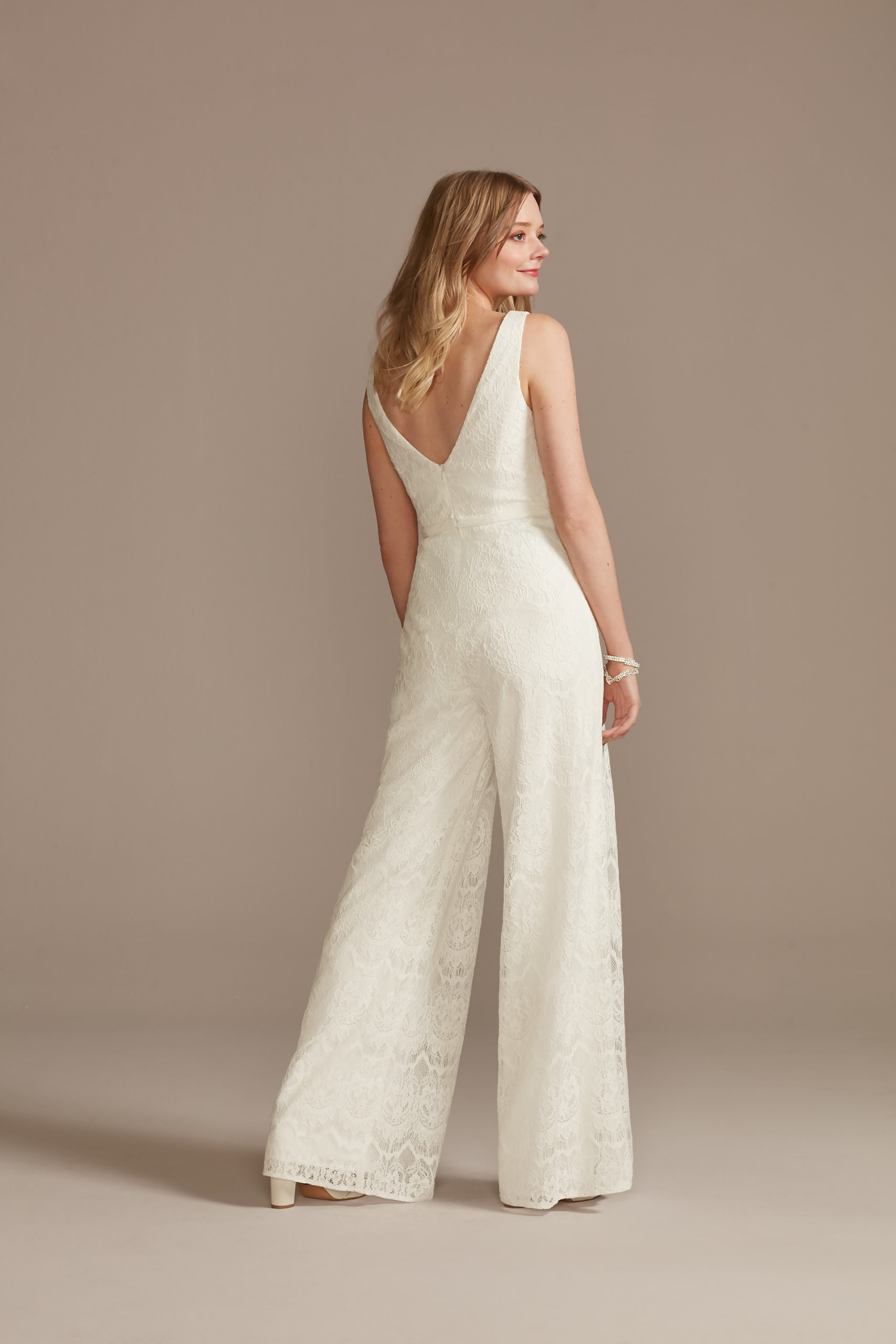 bride wearing Scalloped Lace V-Neck Tank Wide-Leg Jumpsuit