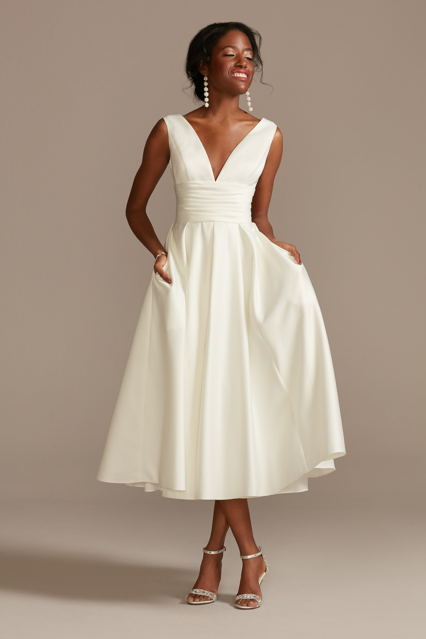 model in Satin V-Neck Tea-Length A-Line Dress 