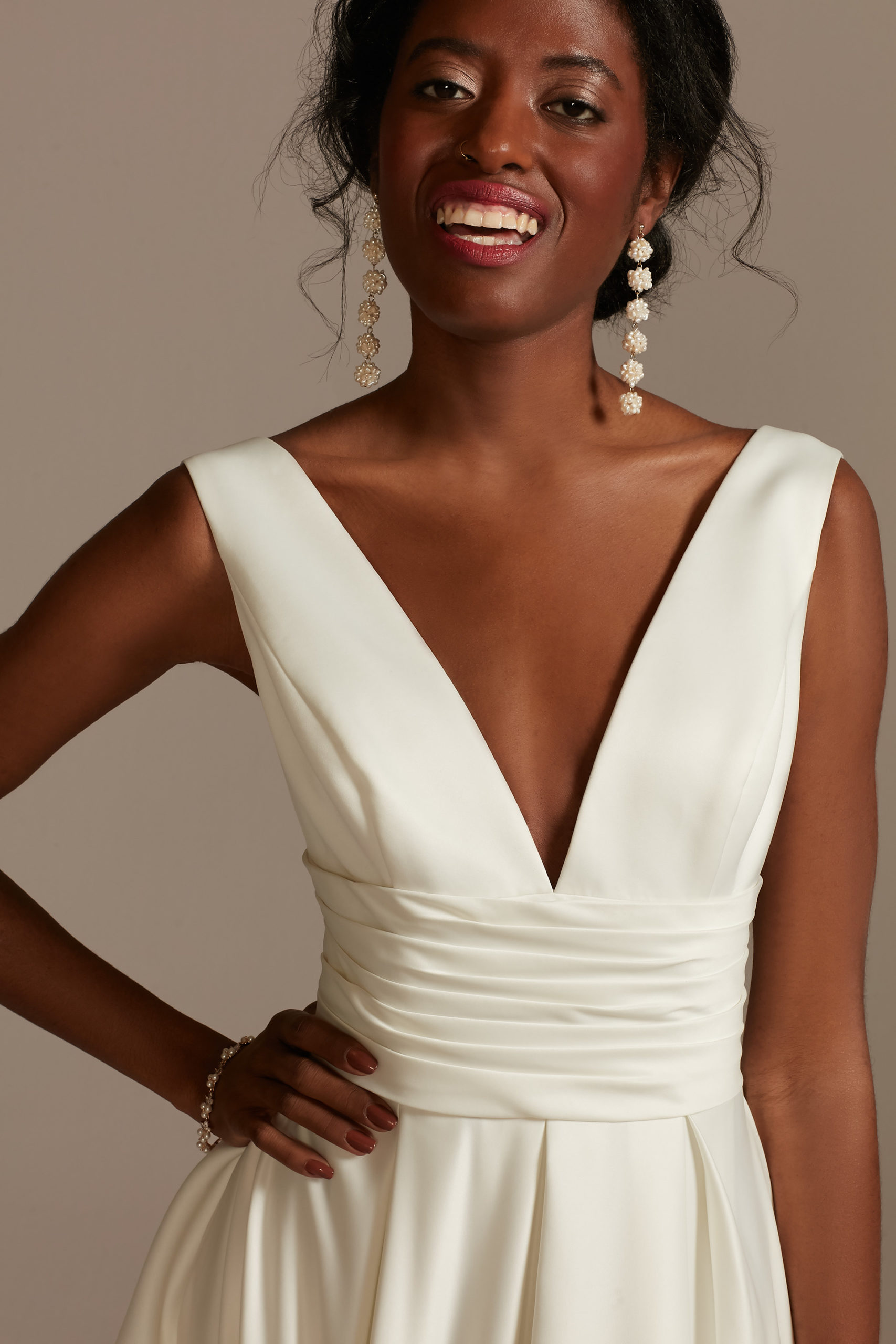 model in Satin V-Neck Tea-Length A-Line Dress 