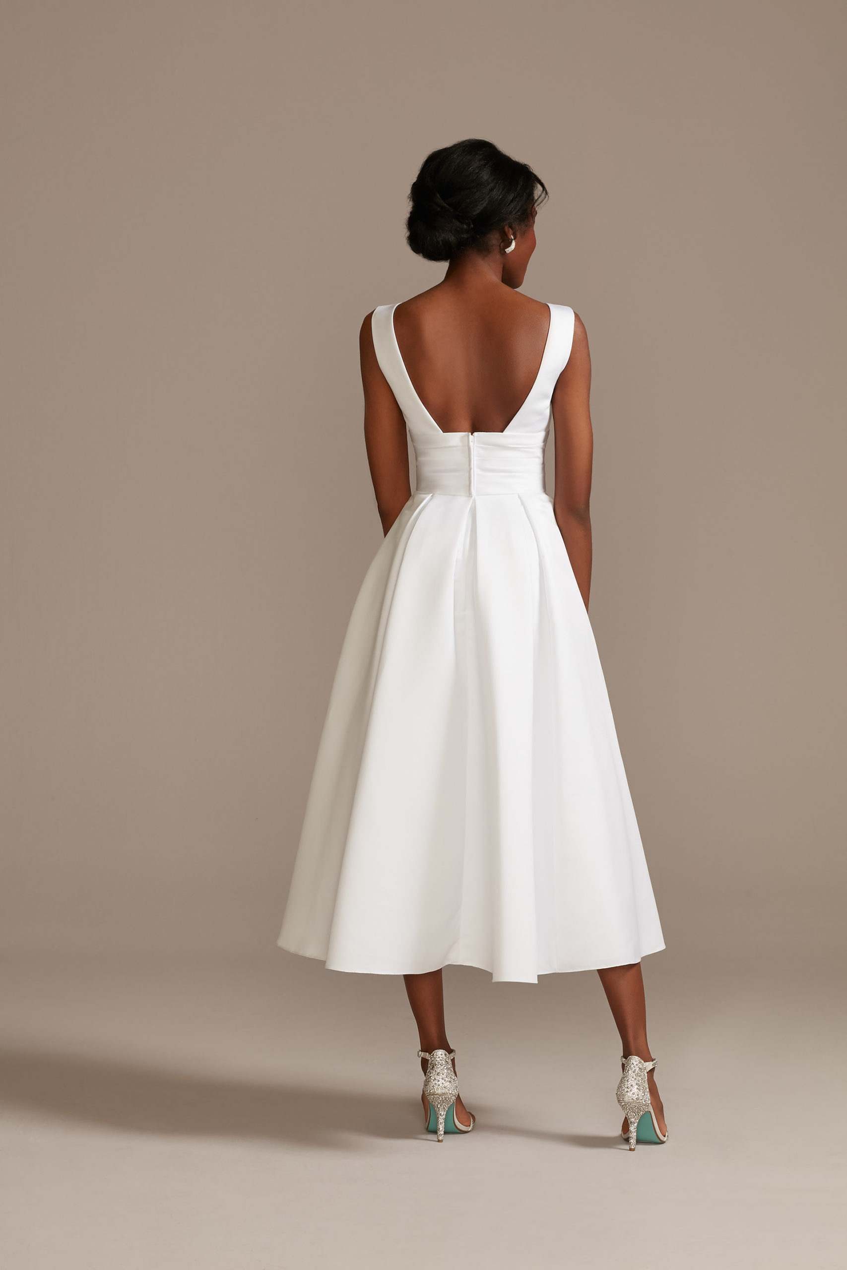 bride wearing Satin V-Neck Tea-Length A-Line Dress