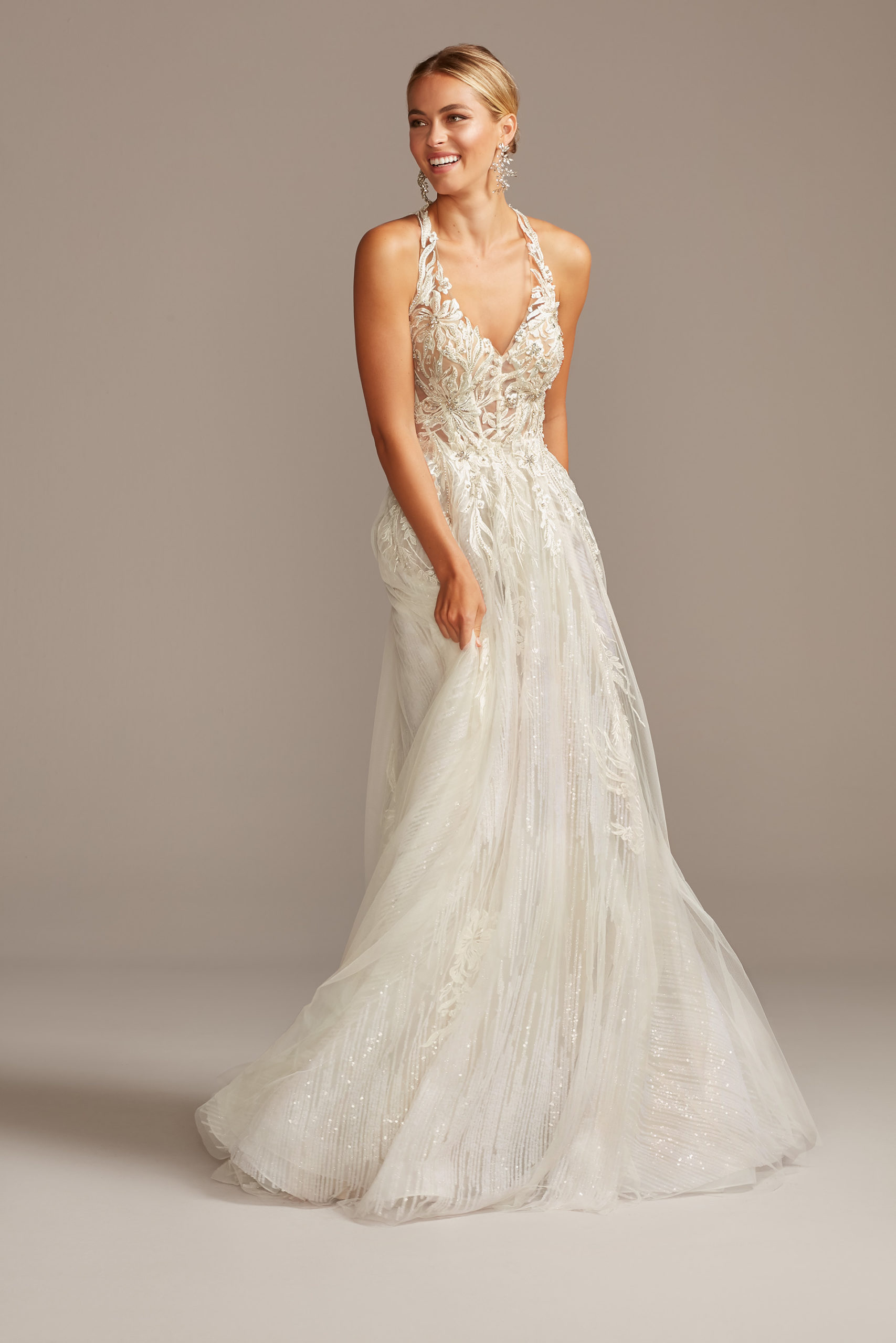 Bride wearing Floral Applique Open Back Tulle Wedding Dress