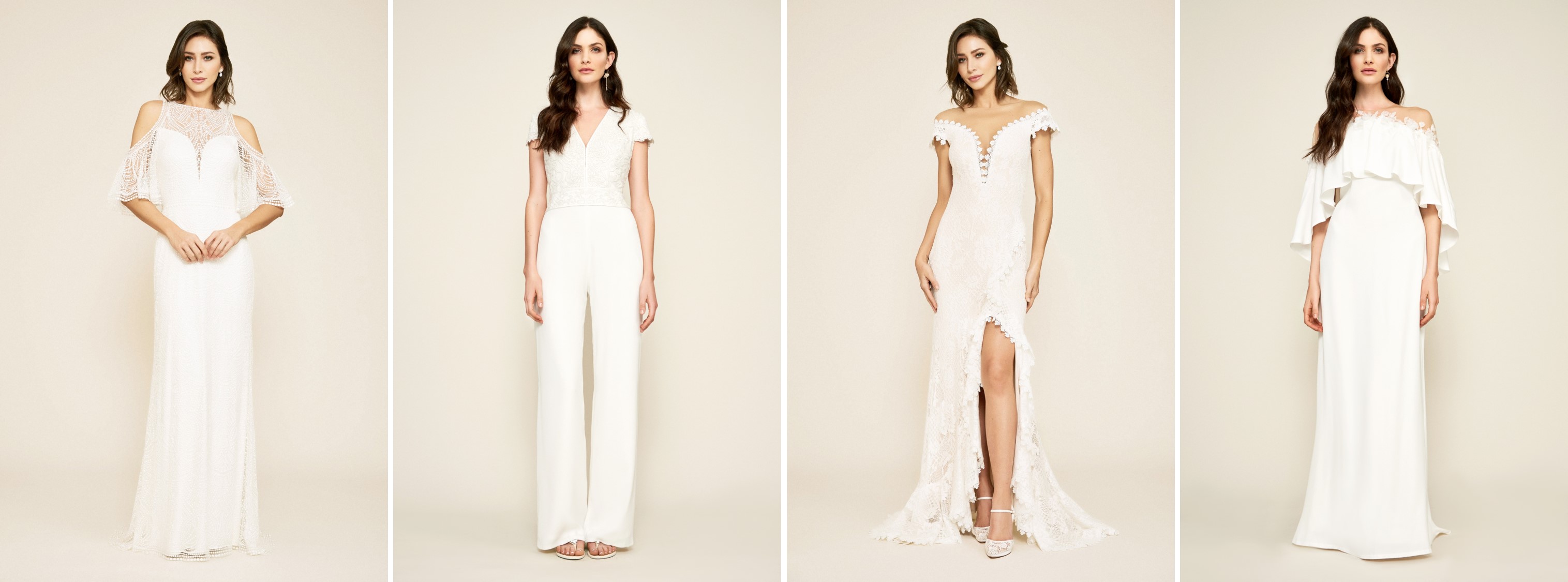 Models wearing long white bohemian wedding dresses by Tadashi Shoji at David's Bridal