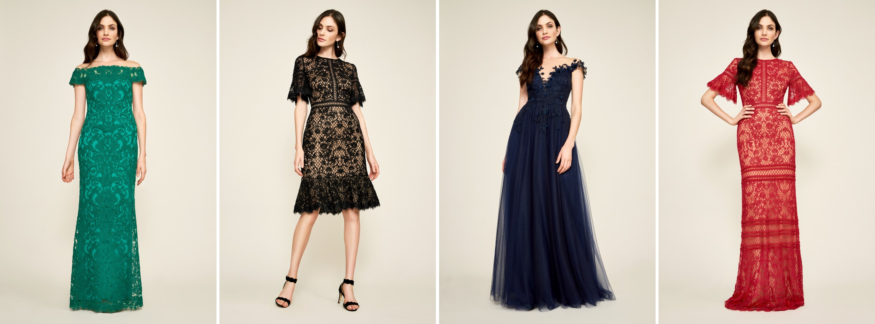 Women wearing lacy bohemian occasion dresses by Tadashi Shoji at David's Bridal
