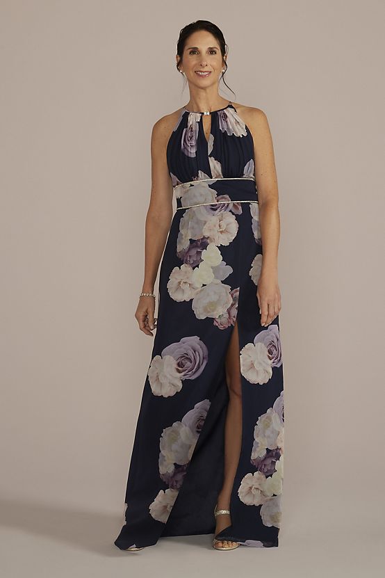 Woman in blue floral mother of the bride dress