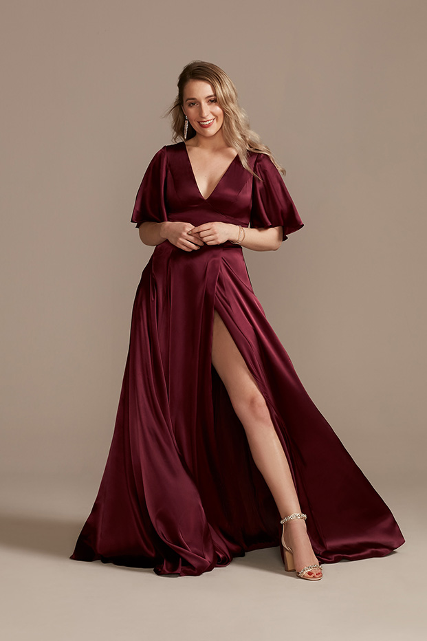 flutter sleeve bridesmaid dress in wine